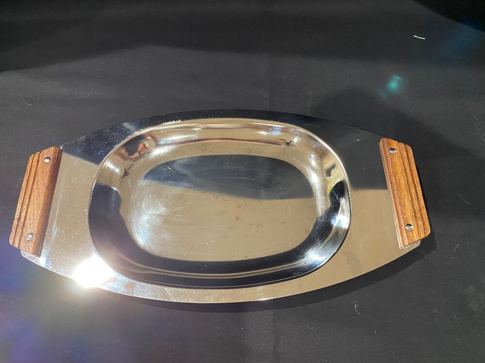 Kromex chrome serving tray, cheese tray, 1957 made in USA, wooden handles